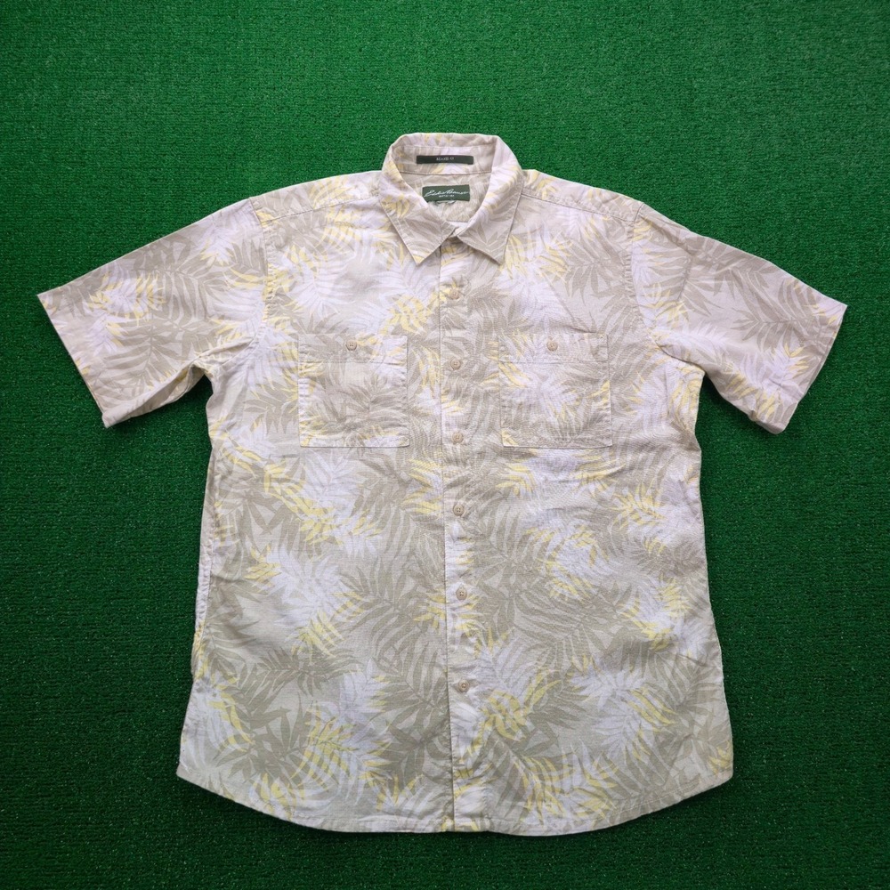 Eddie Bauer Shirt Mens Large Tropical Palm Leaf Print Cotton Summer Relaxed Fit